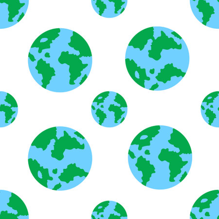 Earth globe pattern. Abstract planet icons. Love nature education concept for school. Green and blue map. Save continents and oceans. Environment background. Vector seamless textureのイラスト素材