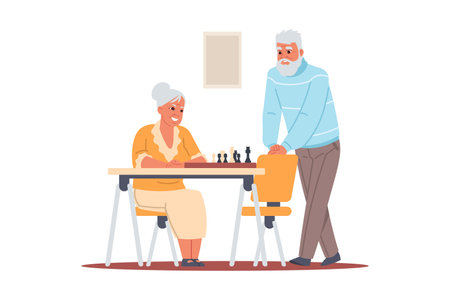 Senior people. Elderly characters playing chess. Grandparents leisure. Retired persons at chessboard. Old family sitting at table with strategy game. Pensioners hobby. Vector conceptのイラスト素材
