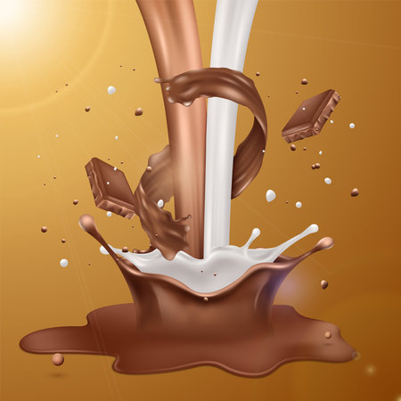 Liquid chocolate splash, cocoa sauce with milk. Drink drops, flow food texture, sweet creamy snacks. Melt cream in motion. Flying tasty candies. 3d isolated vector realistic illustrationのイラスト素材