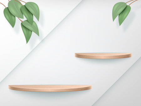 Cosmetic products podium, empty wooden stand, natural platform. 3d nature wood display, clean white beauty stage, premium presentation studio showcase. Green leaves. Vector realistic backdropのイラスト素材
