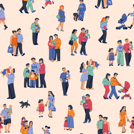 Family on city street, crowd pattern. Group of persons and couples, kid characters, man and woman in society. Newborn baby in carriage. Decor textile, wrapping paper, vector seamless textureのイラスト素材