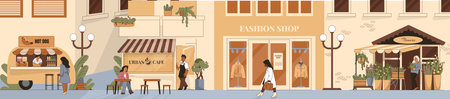 City street business. Cafe and shops. Small town store. Neighborhood marketplace. Restaurant and modern bakery. Fast food kiosk. Flowers and fashion boutiques. Vector flat illustrationのイラスト素材