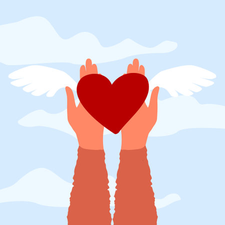 Hands holding red heart. Love in human palms. Sky clouds. Girls arms giving amour winged symbol. Romantic feeling. Charity donation. Hope or support. Valentine card. Vector illustrationのイラスト素材