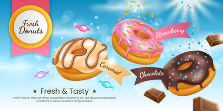 Donut bakery, doughnut ad banner. Chocolate, caramel and strawberry candy desserts, pastry, snacks products various flavors promotion. 3d isolated elements. Vector realistic advertising conceptのイラスト素材