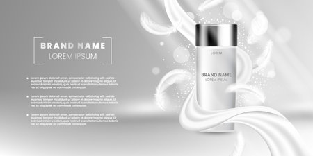 Beauty cream product. Milk splashes and soft feathers. White body lotion in liquid swirls. 3D premium face cosmetic package. Advertising banner design template. Vector realistic backgroundのイラスト素材