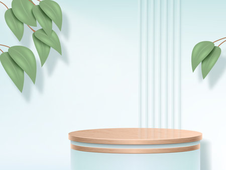 3d podium for nature cosmetic product. Wood display stand on clean white botanical scene, minimal beauty stage. Showcase for museum exhibition, empty pedestal for banner. Vector realistic conceptのイラスト素材