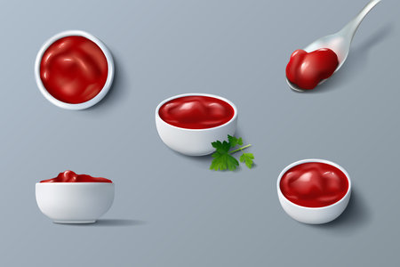 Ketchup bowl. Realistic tomato sauce top and sides view. Dressing for pasta. Organic red barbecue food. Cooking ingredient. Spicy product. Vector 3D isolated full meal ramekins setのイラスト素材