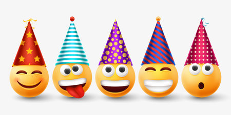 Birthday party emoji, emoticon in cone hat. Happy yellow cool celebrate laughing characters, smile feel or happy good mood, persons with eyes and mouth. Vector graphic isolated icons setのイラスト素材