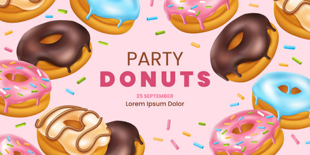 Donut party flyer, confectionery menu. Baked doughnut birthday invitation card, cute fun sweet food with hole. Snacks products promo. 3d isolated flying pastries. Vector poster designのイラスト素材