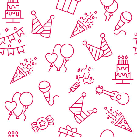 Party icon pattern. Happy birthday, anniversary gift. Party balloons and pie, fireworks with confetti, stars icons isolated on white background. Wrapping paper. Vector seamless illustrationのイラスト素材