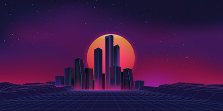 Retro game city, sci fi background. Futuristic 80s neon landscape, virtual grid, 90s future waves, 1980s synthwave style buildings on sunset digital backdrop. Vector design cyberpunk bannerのイラスト素材