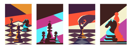 Chess club posters. Strategy game. Play battle. Business tournament. Bishop and rook. Chessboard figures. Pawn in hand. King and queen silhouettes on flyers. Vector vertical banners setのイラスト素材