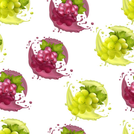Green, red grapes, berry pattern. Bunch for vineyard or winery, 3d agriculture vitamins, juice or alcohol splash. Alcohol beverage natural background. Product wrapping. Vector seamless textureのイラスト素材