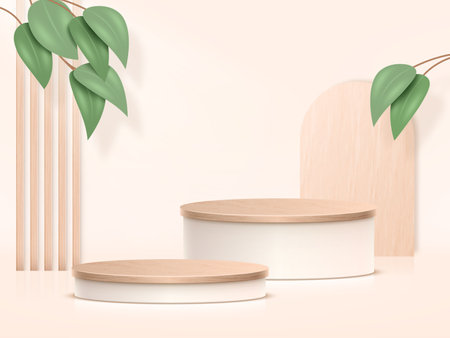 3d white podium, beauty wooden platform. Stage or display stand in light studio with plant leaf, pedestal render, beige wall. Minimal scene for presentation products. Vector realistic backgroundのイラスト素材