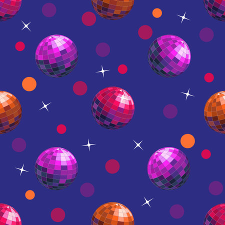 Disco ball lights, retro party pattern. Circle color stars, colorful holiday ornament, futuristic sparkles, decoration mirror. Discotheque print. Decor textile, wrapping, vector seamless textureのイラスト素材