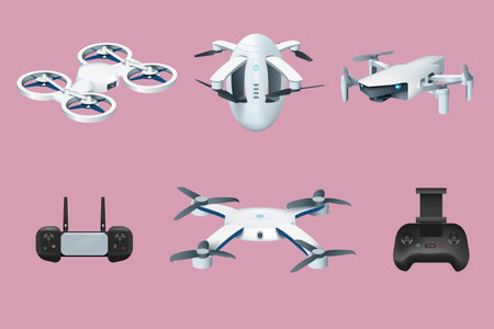 Drone robots. Aerial unmanned vehicle. Controller and propeller. Quadcopter transportation for video. UAV technology. Control joystick. Isolated copters set. Vector 3D illustrationのイラスト素材