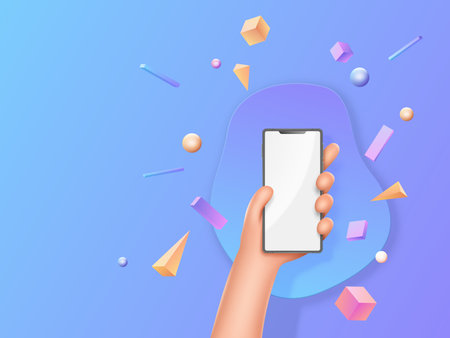 Smartphone kant, person hands hold phone with white blank screen, advertisement template. Man handful with mobile, online information, handle render, message concept. Vector cartoon peopleのイラスト素材