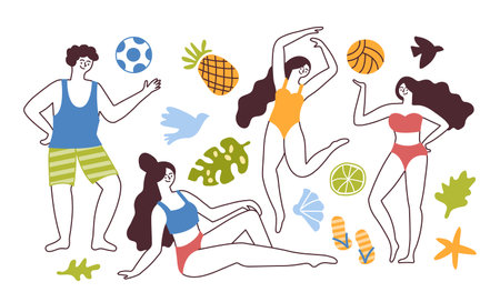 Happy doodle human. Beach lifestyle. Funny summer tropical characters. Diversity travel persons. Man playing with ball. Women in bikini. Leaves and fruits. Vector isolated illustrationのイラスト素材