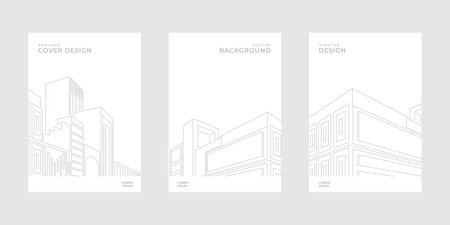 Architecture buildings pattern. City covers. Engineering company abstract presentation. 3D geometric poster template. Architect project. Line house structure. Vector flyers design setのイラスト素材