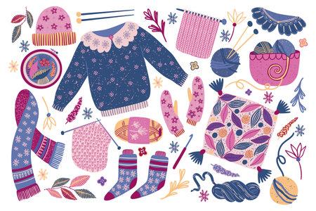 Winter knit. Wool sweater and scarf. Knitwear cloth objects. Warm hat or socks Fluffy outerwear with woolen patterns. Handmade clothing. Embroidery and crochet. Vector cartoon illustrationのイラスト素材