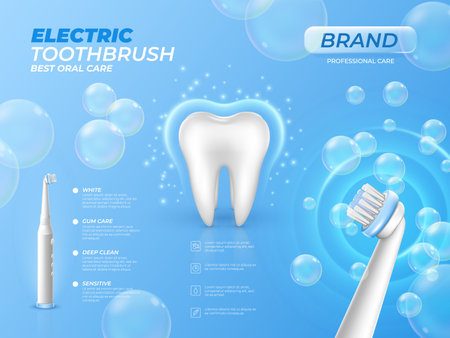 Cleaning toothbrush poster. Whiting bristle. Realistic electrical teeth brush in foam. Soap bubbles. Shiny molar. Dental health and hygiene technology ad. Vector 3D advertising bannerのイラスト素材