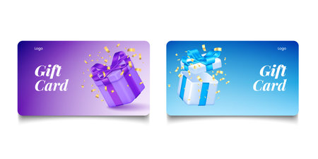 3D bonus. Reward card. Modern gift coupon. Present box and confetti. Customer loyalty. Special offer. Store promotion. Discount voucher cartoon design. Vector realistic promo flyers setのイラスト素材