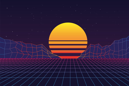 Retro synth game abstract background, futuristic night wave. 80s sun and mountain shapes, vintage 1990s planet, yellow sunset on purple backdrop. Arcade synthwave landscape. Vector illustrationのイラスト素材