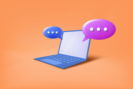 3D laptop icon. Speech bubble in notebook. Discussion screen render. Balloon for web chatting. Digital communication. Internet messenger. Computer technology. Vector illustration conceptのイラスト素材