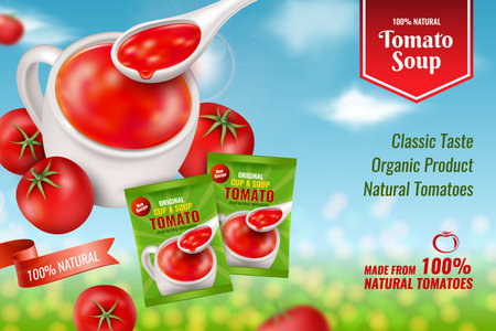 Soup package, realistic tomato cup. Vegetables for juice ad, fresh red food, delicious liquid product. Product presentation poster, advertising template. Vector illustration backgroundのイラスト素材