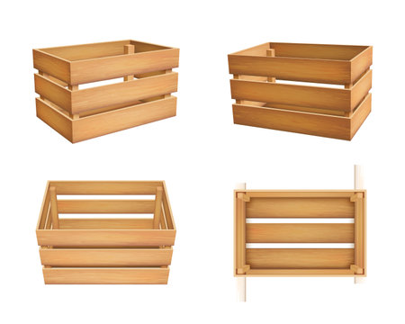 Realistic wood box. Fruit crate. 3D wooden pallet or empty case for vegetable farm market. Garden container. Shipping package. Delivery and storage packaging. Vector isolated render objectのイラスト素材