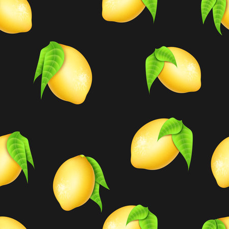 Realistic lemon pattern, fruit print. Citrus lemonade wallpaper for menu, cover of fitness package, invitation card. Yellow fresh summer healthy citrus. Vector 3d elements on black backgroundのイラスト素材