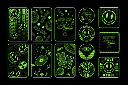 Trippy smiles, psychedelic y2k stickers. Acid 90s melt graphic, toxic funny cool faces, happy rave symbols. Modern futuristic design. Green neon objects isolated, vector design badgeのイラスト素材