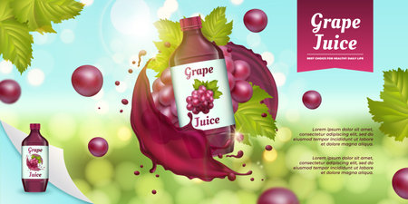 Fresh juice bottle, float packaging. Ad with fly nature fruits, juicy vitamins, advertising. Grape berries, purple liquid in motion. Product presentation banner. Vector design illustrationのイラスト素材