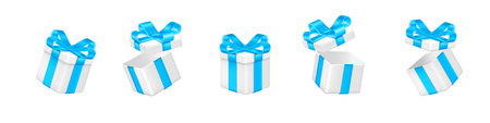 Open 3d birthday gift box. Present render isolated elements, white surprise prize with blue bow and ribbon, floating color giftbox different angle view. Vector realistic illustrationのイラスト素材