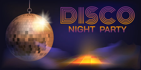 Disco ball. Night dance. Discotheque poster. Neon glowing. Glamour party flyer. Club celebration with music. Sparkling mirror sphere. Retro lettering design. Vector banner backgroundのイラスト素材