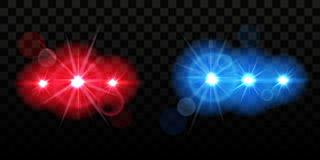 Blue and red siren lamp blink. Security blinding lights in dark. Automobile flare. Bright flash for law cop or police car. Lanterns glow. Emergency beacon. Vector realistic backgroundのイラスト素材