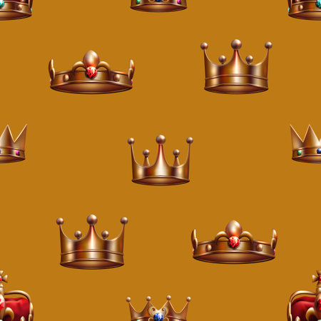 3d royal queen crown, detailed pattern with realistic elements. Gold luxury success wallpaper, metal leadership award backdrop, jewellery objects. Wrapping paper. Vector seamless backgroundのイラスト素材