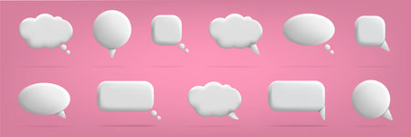 3d speech bubbles for chat messages with copy space. Conversation talk elements, white comments, dialog objects, communication round and square balloon. Vector banner isolated icons setのイラスト素材