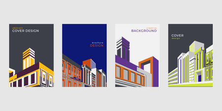 Architecture geometric patterns, Bauhaus posters. Modern and vintage Swiss covers, magazine collection, brochure layout template. Colorful buildings. Vector design compositions setのイラスト素材