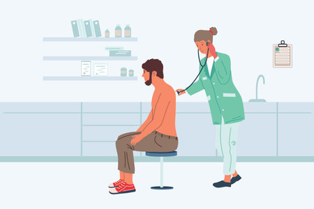 Patient examination. Visit to doctor. Physician checks health of sick male. Medical worker with stethoscope. Ill man treatment. Clinic professional consultation. Vector illustrationのイラスト素材