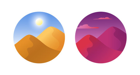 Dunes landscape. Twilight and sunrise in desert. Minimal simple Sahara travel symbols. Evening sunset. Nature scenery. Social media story highlight. Vector illustration circle icons setのイラスト素材