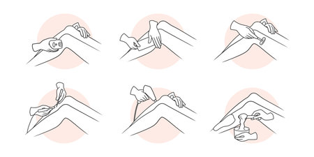 Wax hair remove. Depilatory cream. Razor shaving. Epilator or laser. Body salon beauty procedure. Woman skin care. Photoepilation appliance. Outline legs. Vector illustration icons setのイラスト素材