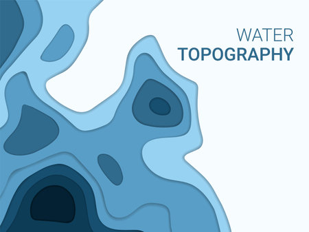 Paper cut, water river texture. Abstract topography papercut art, blue wave landscape, modern graphic layers. Web marine banner template. Curve gradient shapes. Vector poster backgroundのイラスト素材