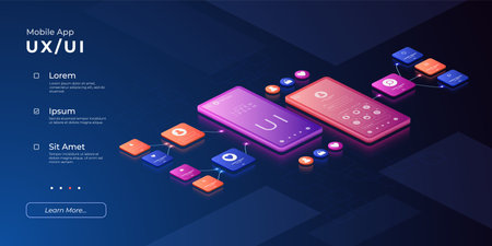 UI UX design. Mobile prototype. 3D user experience interface. Digital technology. Smartphone application management. Electronic devices. Phone app control. Vector web banner templateのイラスト素材