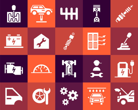 Car service. Gear brake icons. Wheel tyre. Auto piston. Engine oil. Auto key and spanner. Automobile repair workshop. Vehicle electric accumulator. Vector silhouettes pictograms setのイラスト素材