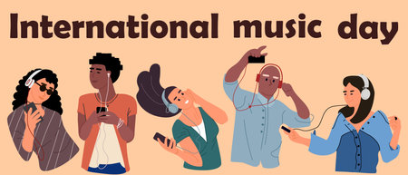 People listen to music. International musical day. Dancing women or men with headphones. Audio player. Modern leisure and entertainment. Persons enjoying of melody. Vector banner designのイラスト素材