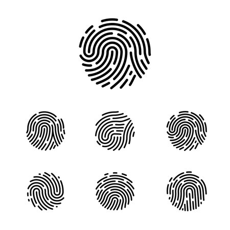 Unique fingerprint icon. Human finger imprint logo. Thumb print for access. Personal property thumbprint pattern. Identity detection. Biometric identification. Vector line symbols setのイラスト素材