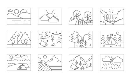 Outdoor forest. Travel icons. Nature aircraft and sky landscape. Camping on field. Mountains waterfall panorama. Clouds and sun. Outline trees. Vector scenery line sketch symbols setのイラスト素材