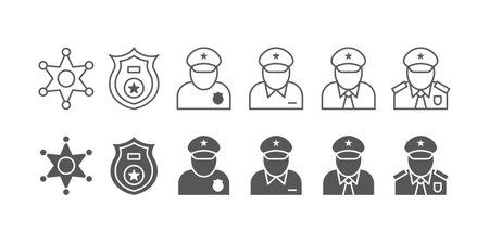 Police patrol. Safety guard icons. Road traffic department. Security or pilot man. Emergency service. Law authority. Sheriff badges. Policeman in uniform. Vector line or silhouette logo setのイラスト素材
