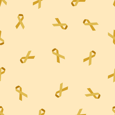 World childhood cancer day. Charity pattern. Survival and help. Yellow ribbon as symbol of illness awareness. Disease diagnosis. Hope or support. Golden bow. Vector seamless backgroundのイラスト素材